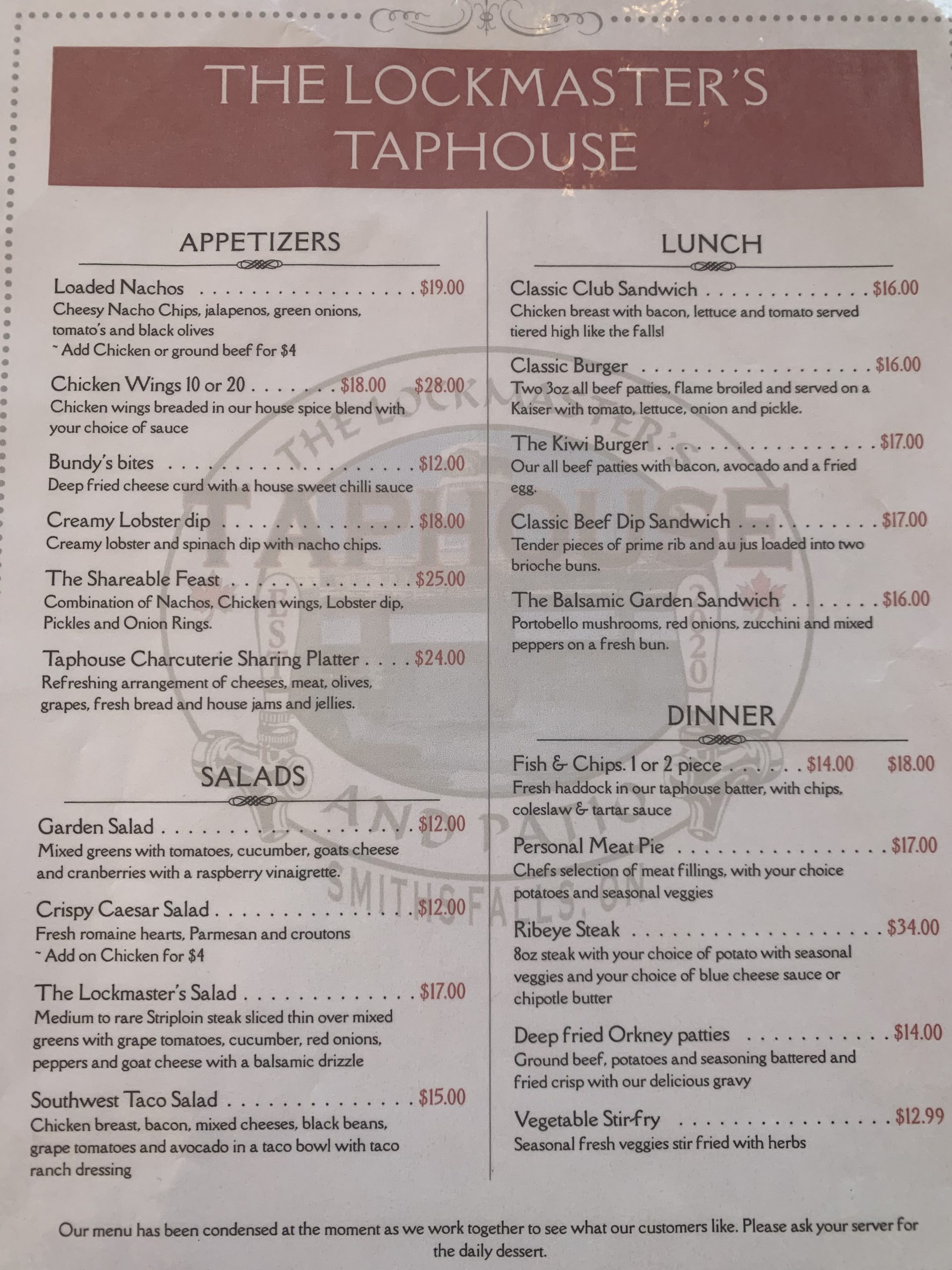 Menus The LockMasters TapHouse